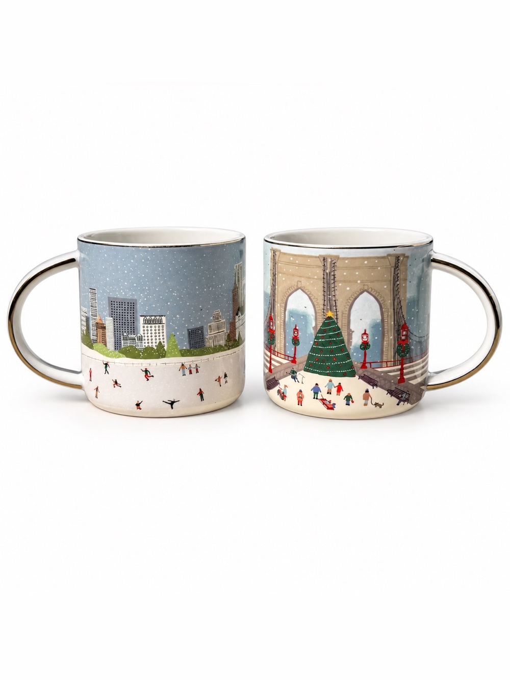West Elm x Nicole Cicak Winter Activities Christmas Mugs Set 2 City Bridge 4”